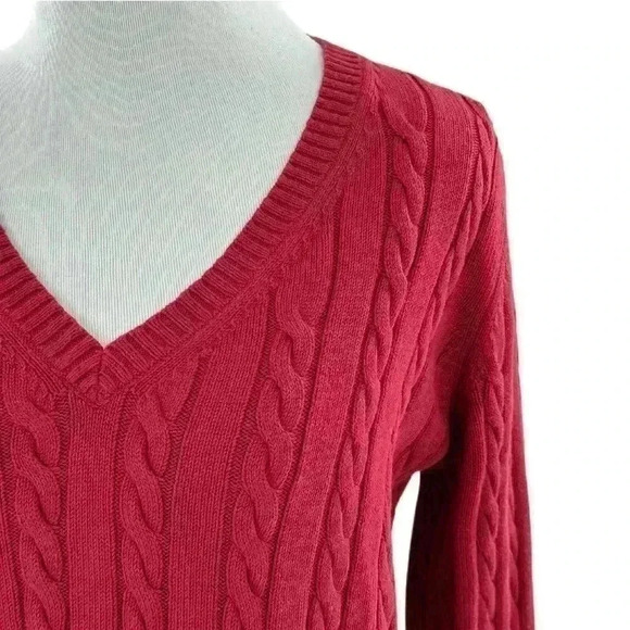 Eddie Bauer womens sweater size L red cable knit v neck holiday academia - Picture 2 of 11